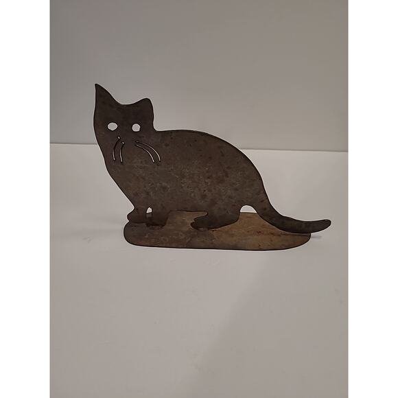 Metal Kitty Cat Sculpture Doorstop Book End Handcrafted Rustic Cutout Country - Picture 4 of 9